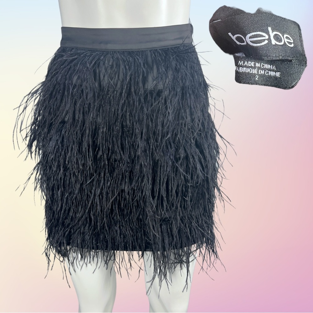 Black BEBE Feathered Mini Skirt Size 2